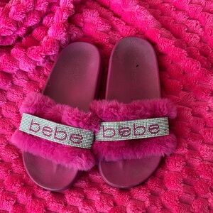 Bebe Fuchsia Furry Slides with Rhinestones